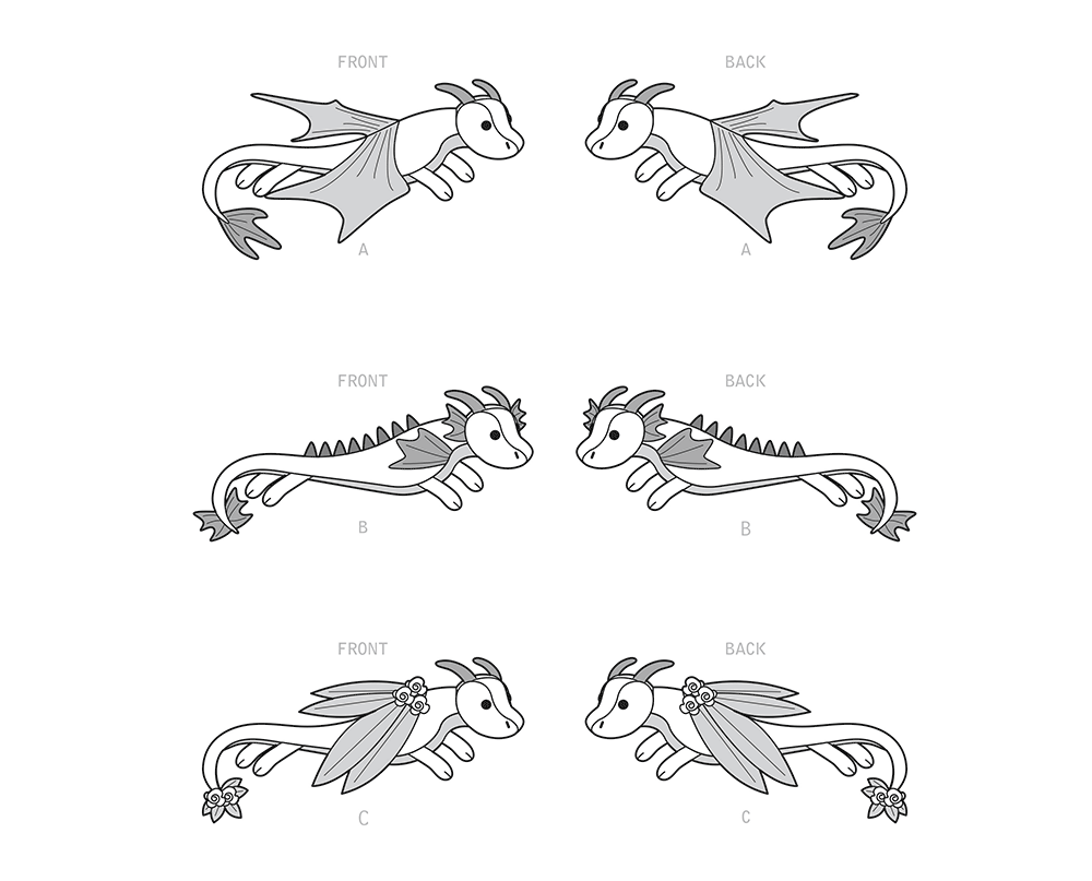 Simplicity S9363 sewing pattern envelope showing green, red and cream plush dragon soft toys