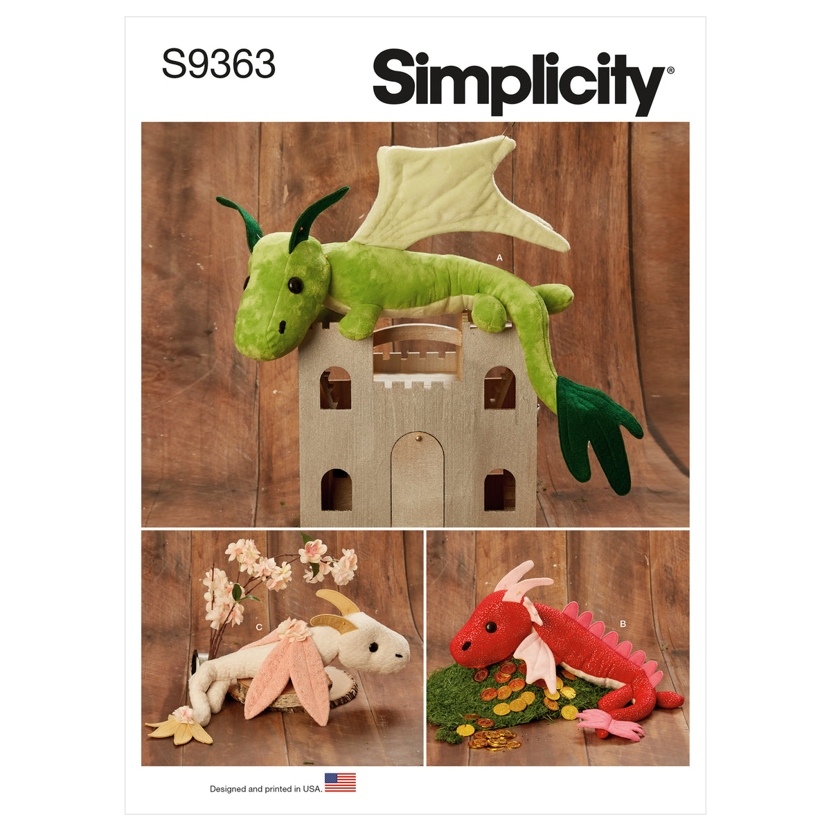 Simplicity S9363 sewing pattern envelope showing green, red and cream plush dragon soft toys