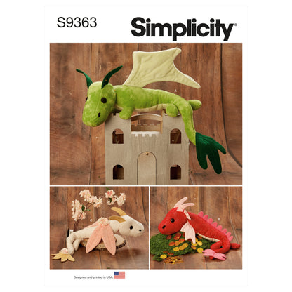 Simplicity S9363 sewing pattern envelope showing green, red and cream plush dragon soft toys