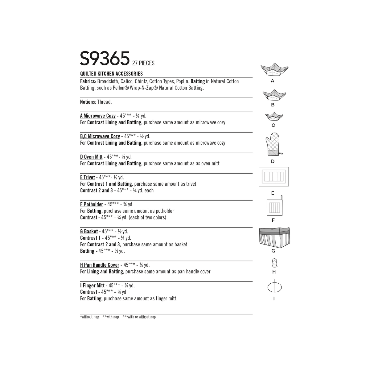 Simplicity S9365 sewing pattern envelope showing fabric microwave bowl cosies in three sizes