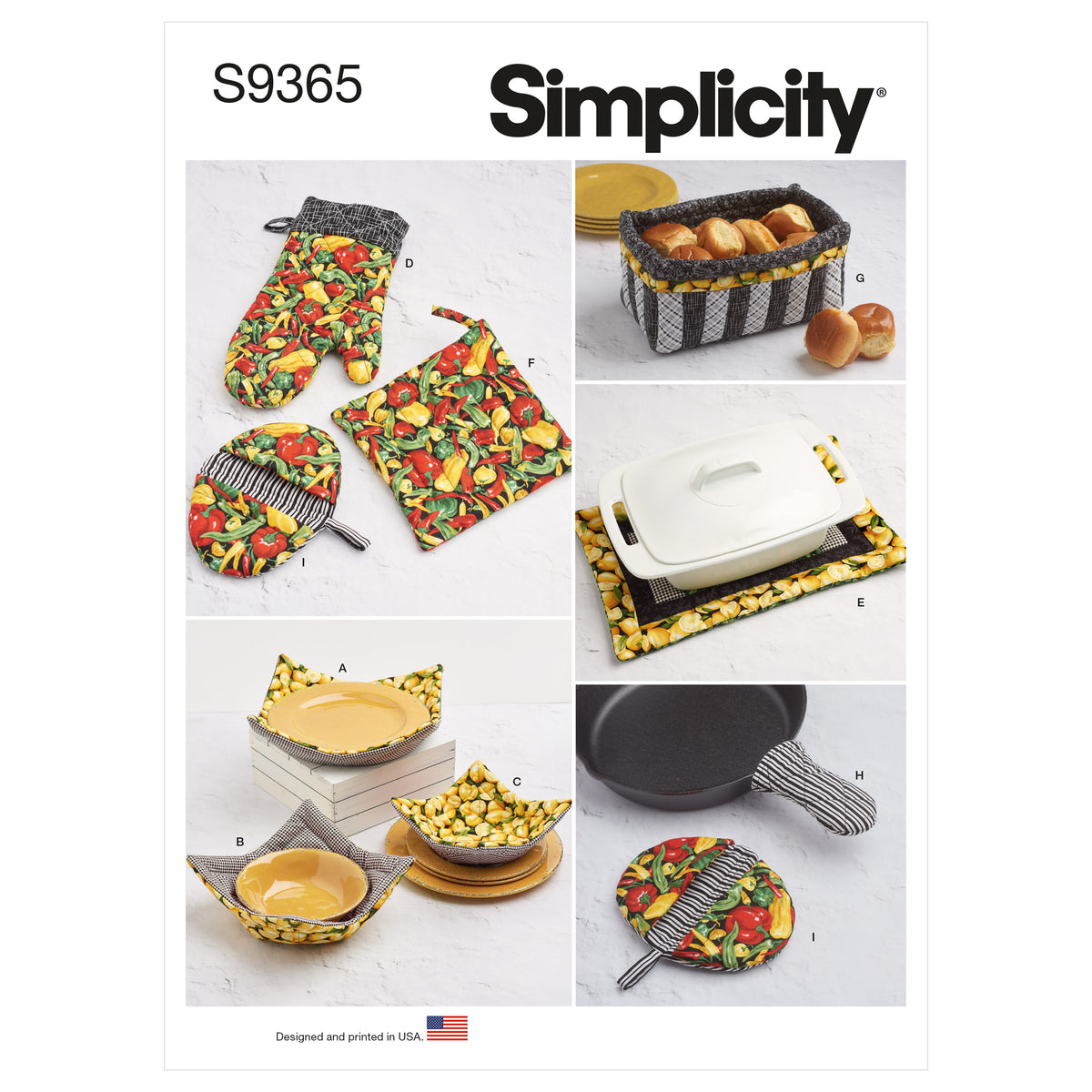 Simplicity S9365 sewing pattern envelope showing fabric microwave bowl cosies in three sizes