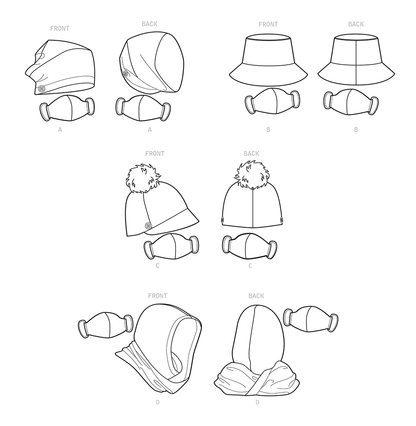 Simplicity S9368 sewing pattern envelope showing matching hats, hooded infinity scarf and masks