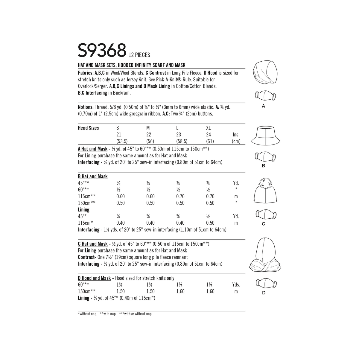 Simplicity S9368 sewing pattern envelope showing matching hats, hooded infinity scarf and masks