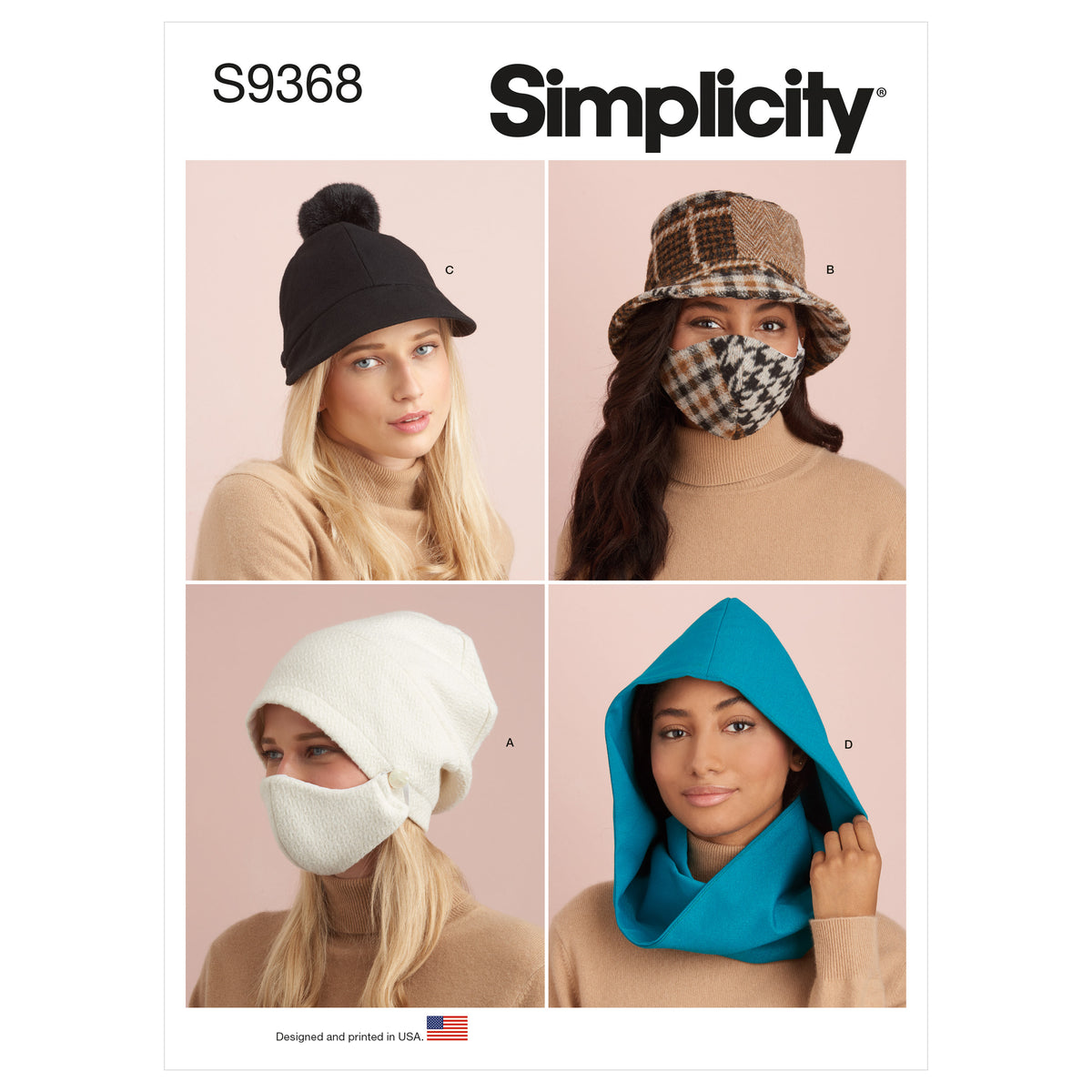 Simplicity S9368 sewing pattern envelope showing matching hats, hooded infinity scarf and masks