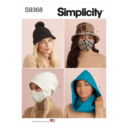Simplicity S9368 sewing pattern envelope showing matching hats, hooded infinity scarf and masks