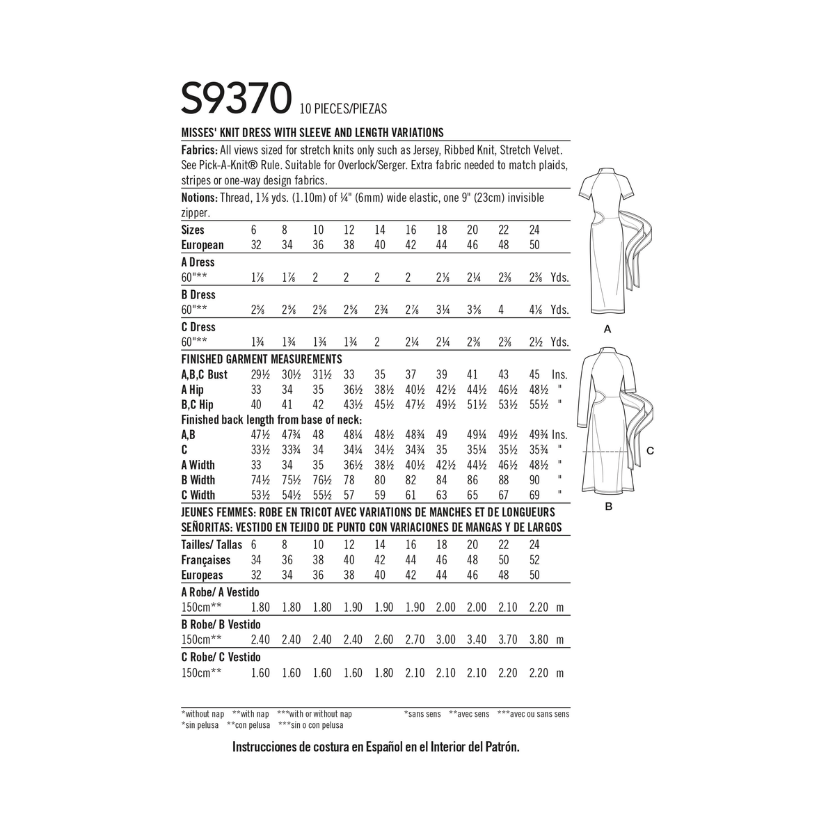 Simplicity S9370 sewing pattern envelope showing women's knit dresses with cut-out midriff