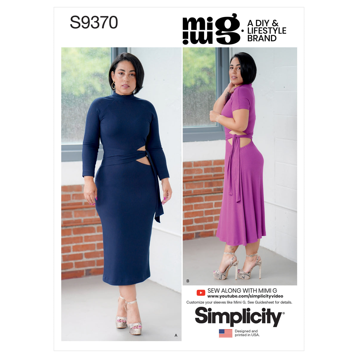 Simplicity S9370 sewing pattern envelope showing women's knit dresses with cut-out midriff
