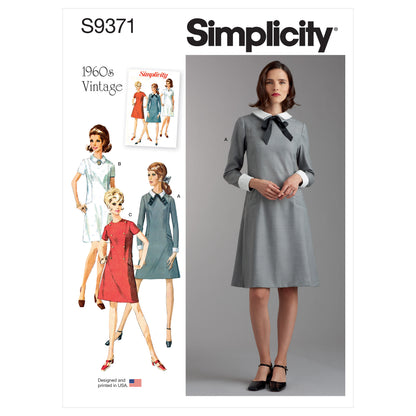 Simplicity S9371 sewing pattern envelope showing women's collared dresses with belt