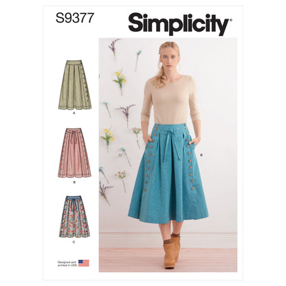Simplicity S9377 sewing pattern envelope showing women's pleated skirts and trousers