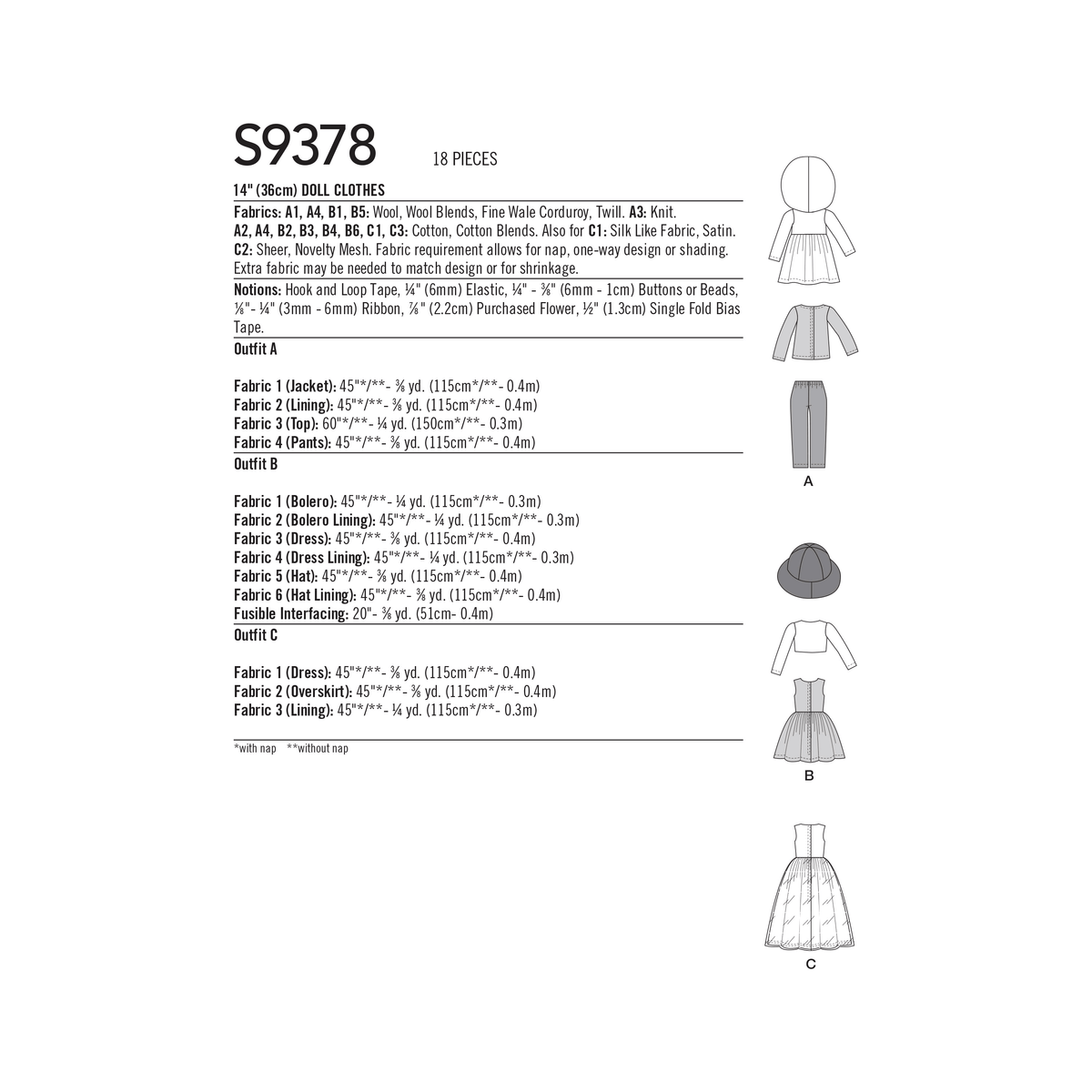 Simplicity S9378 sewing pattern envelope showing doll clothes on 14 inch dolls
