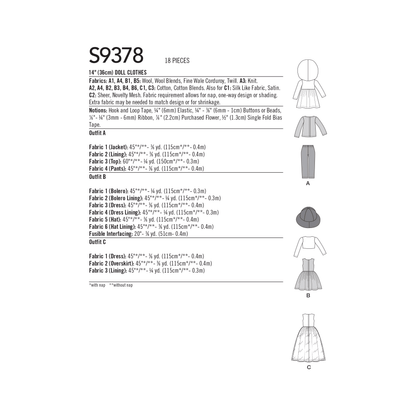 Simplicity S9378 sewing pattern envelope showing doll clothes on 14 inch dolls