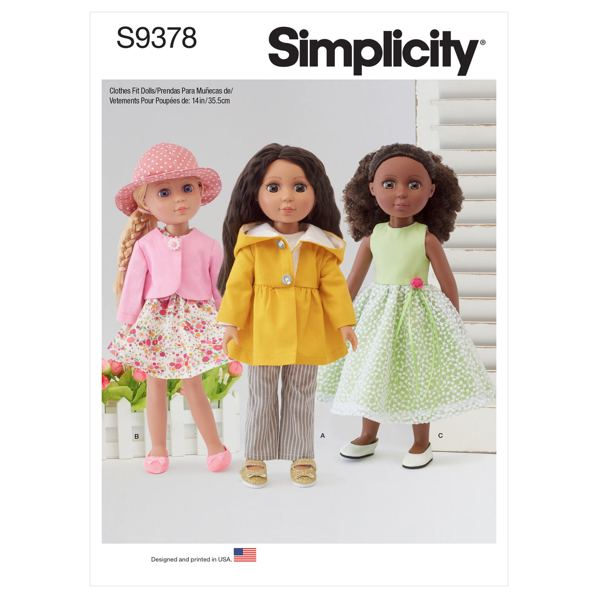 Simplicity S9378 sewing pattern envelope showing doll clothes on 14 inch dolls