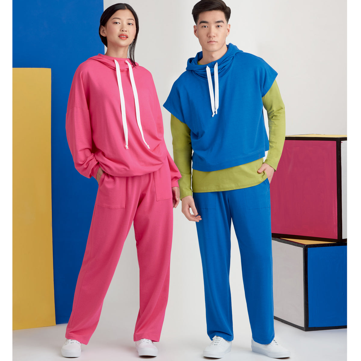 Simplicity S9379 sewing pattern envelope showing unisex hoodies, trousers and T-shirts
