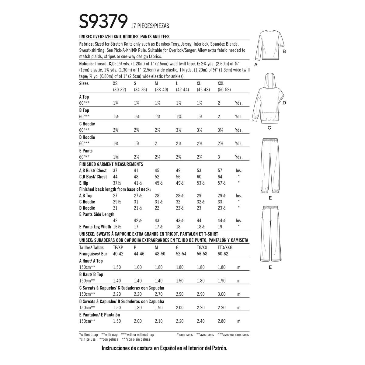 Simplicity S9379 sewing pattern envelope showing unisex hoodies, trousers and T-shirts