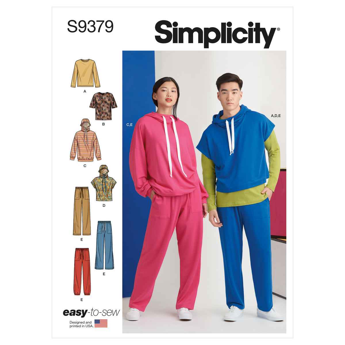 Simplicity S9379 sewing pattern envelope showing unisex hoodies, trousers and T-shirts