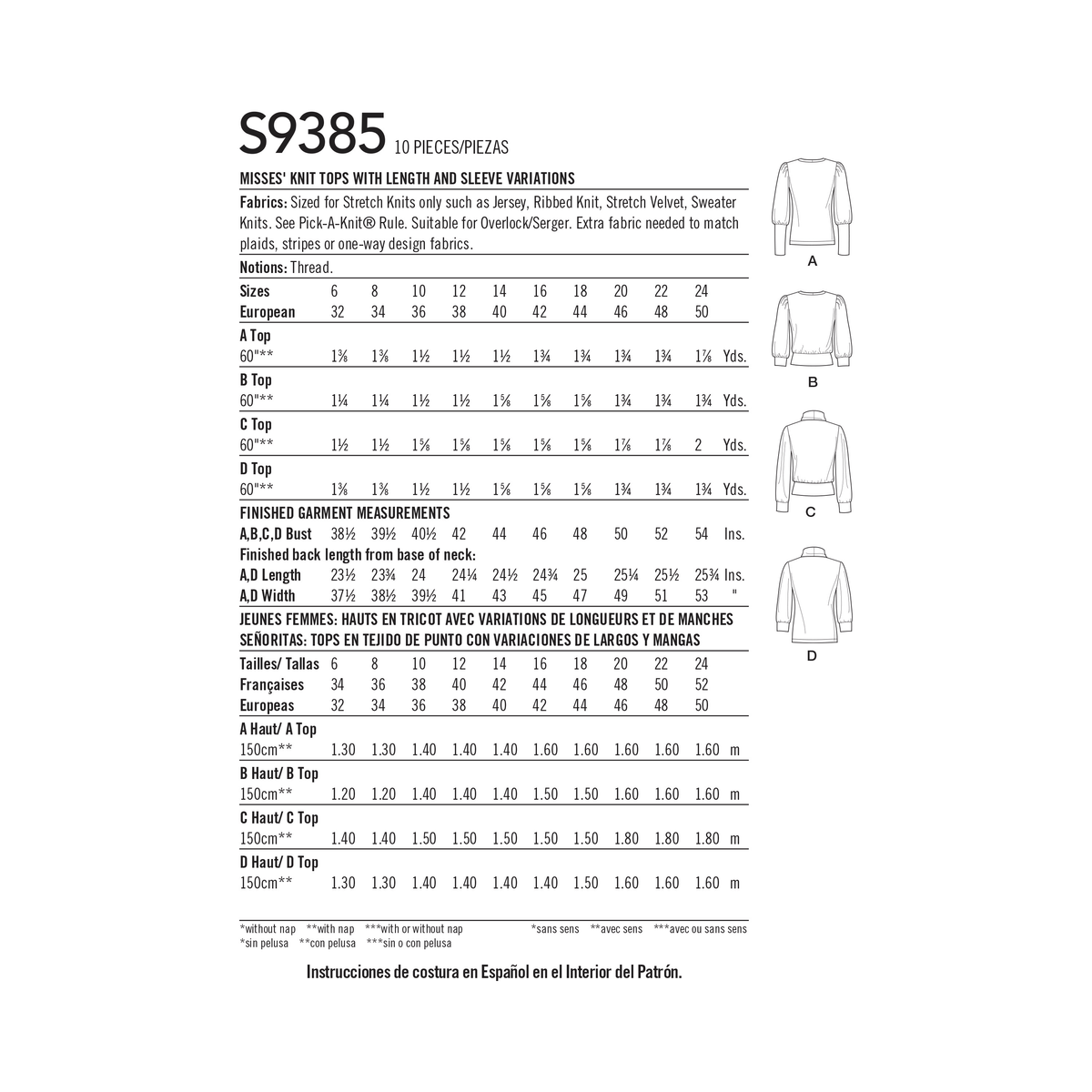 Simplicity S9385 sewing pattern envelope showing women's knit tops