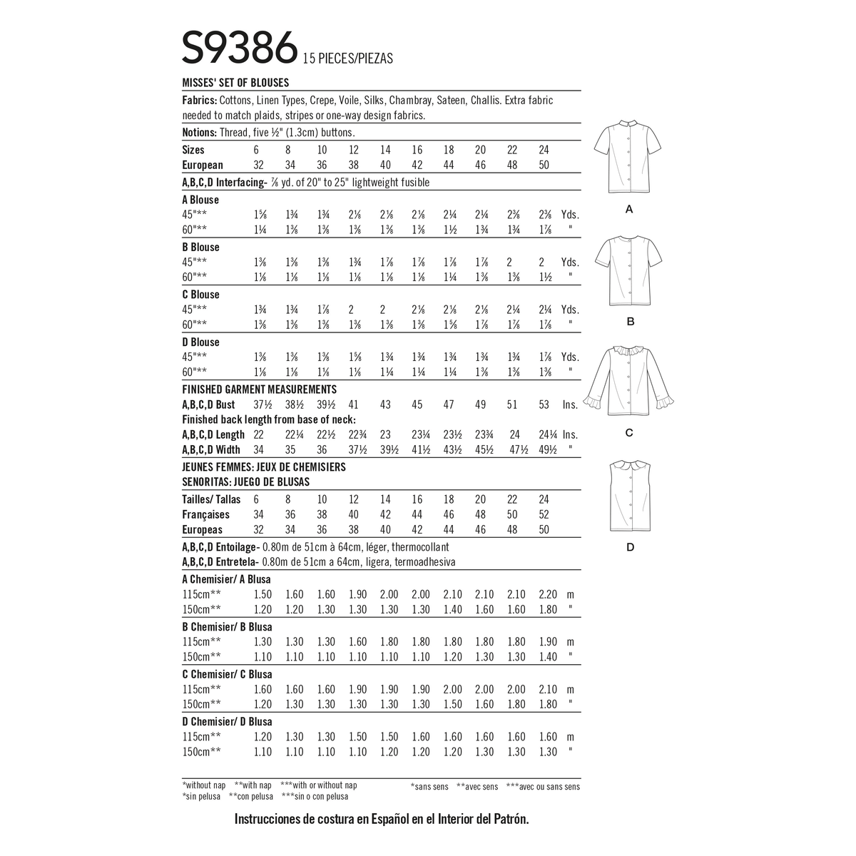 Simplicity S9386 sewing pattern envelope showing women's blouses