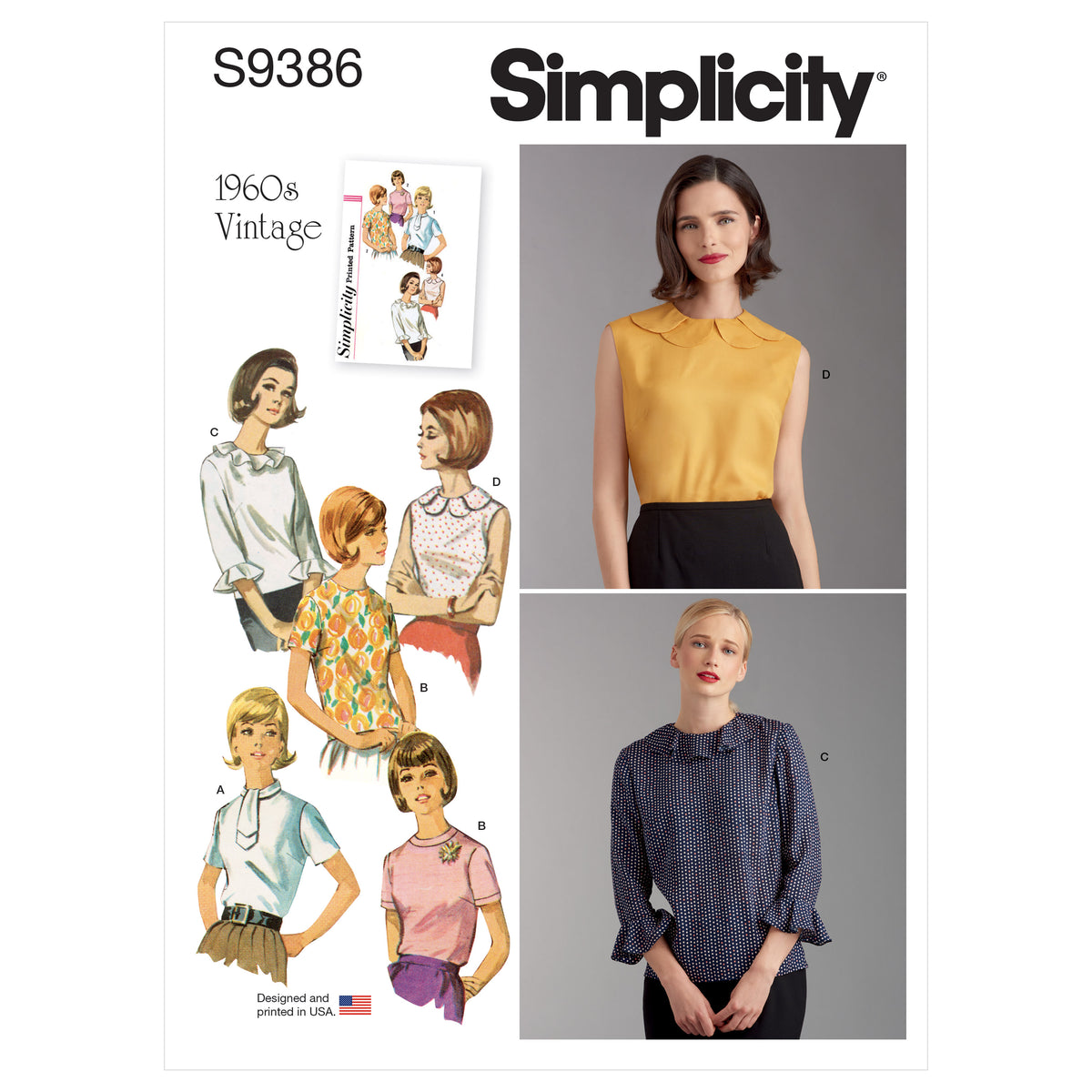 Simplicity S9386 sewing pattern envelope showing women's blouses