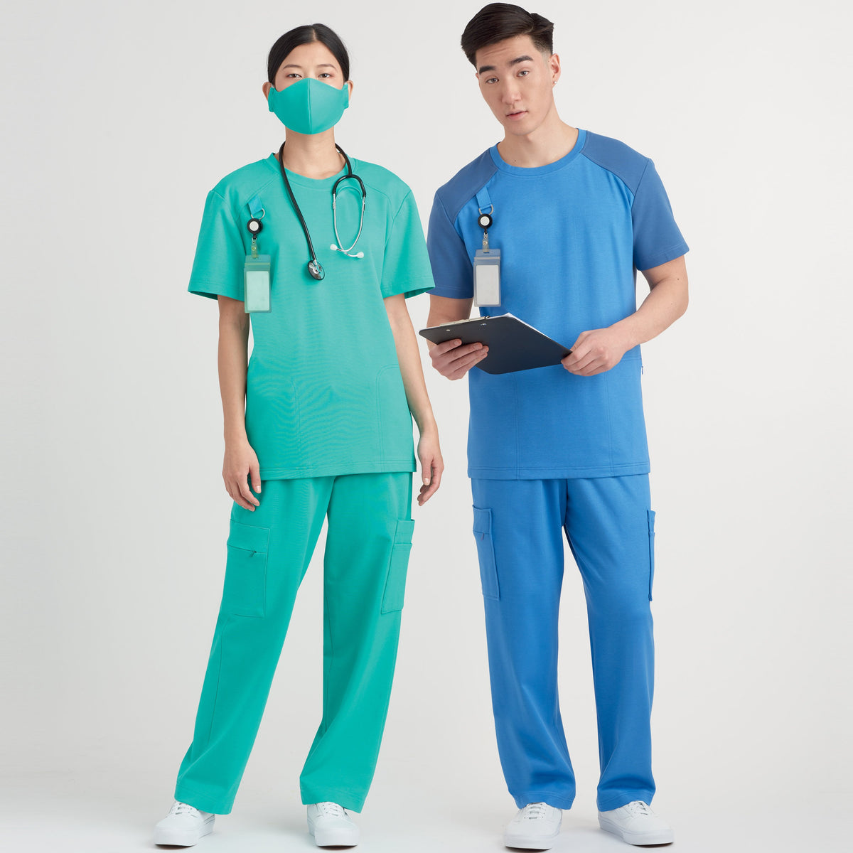 Simplicity S9387 sewing pattern envelope showing unisex scrub tops and trousers