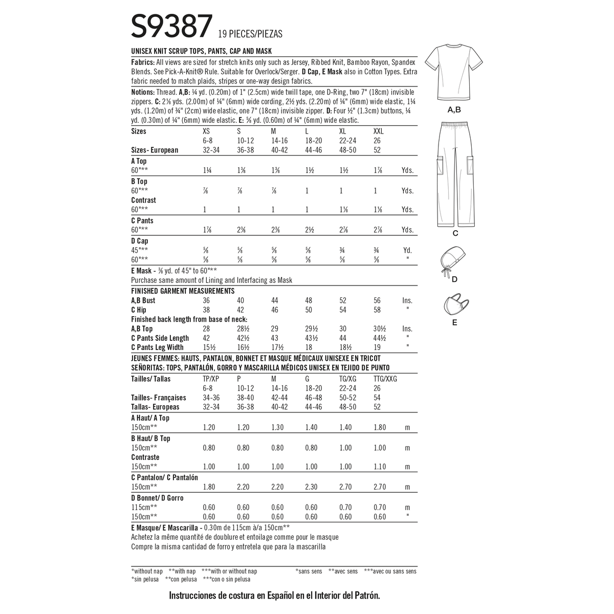 Simplicity S9387 sewing pattern envelope showing unisex scrub tops and trousers