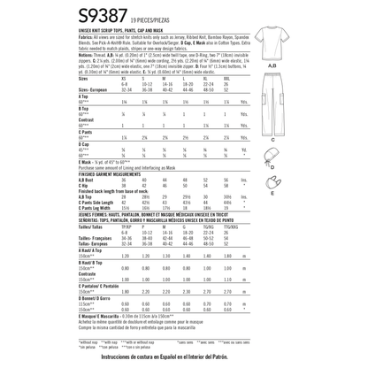 Simplicity S9387 sewing pattern envelope showing unisex scrub tops and trousers