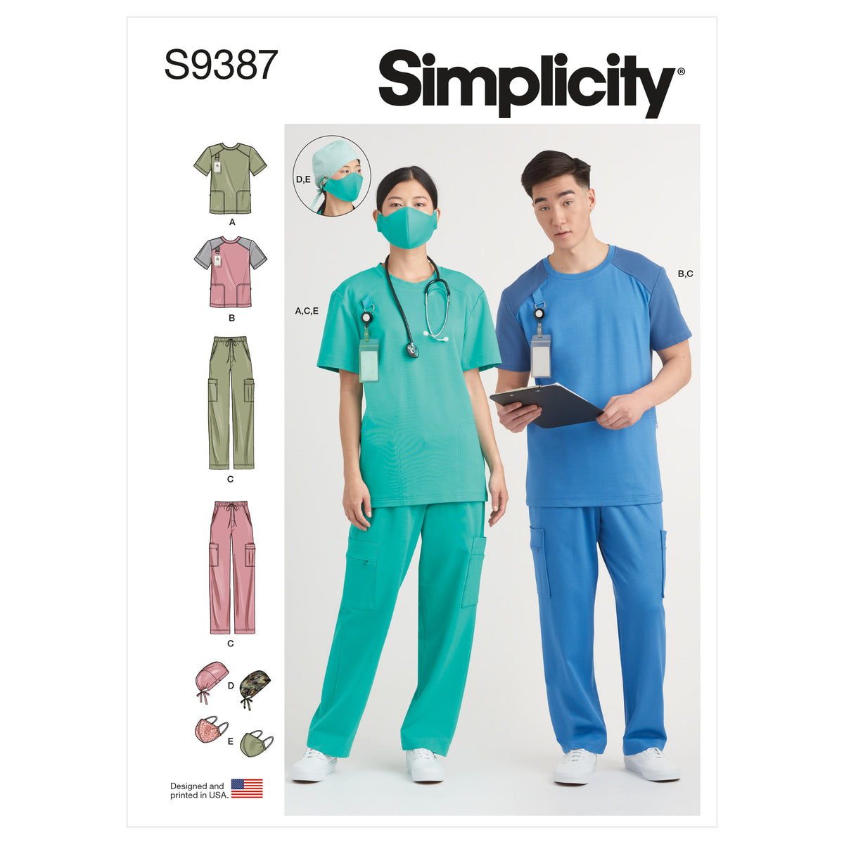 Simplicity S9387 sewing pattern envelope showing unisex scrub tops and trousers