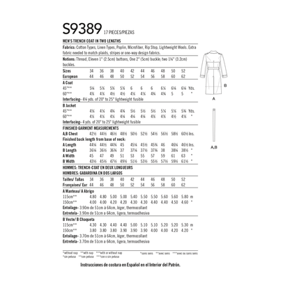 Simplicity S9389 sewing pattern envelope showing men's belted jackets