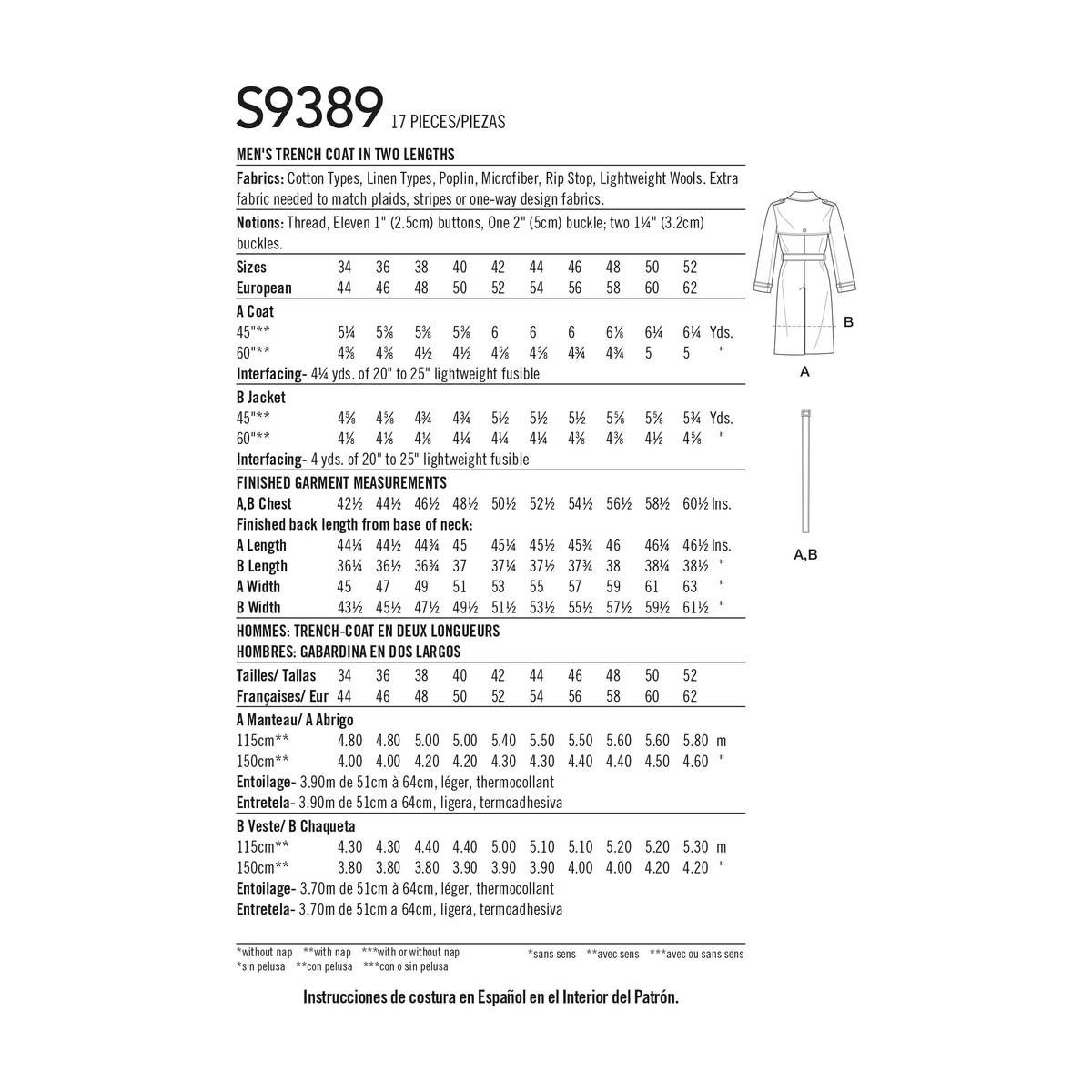 Simplicity S9389 sewing pattern envelope showing men's belted jackets