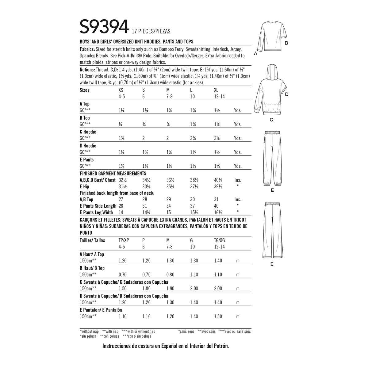 Simplicity S9394 sewing pattern envelope showing children's hoodies, trousers and T-shirts