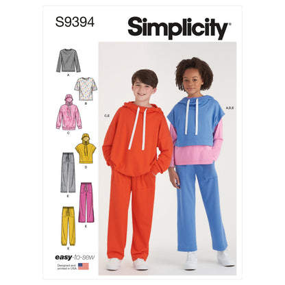 Simplicity S9394 sewing pattern envelope showing children's hoodies, trousers and T-shirts