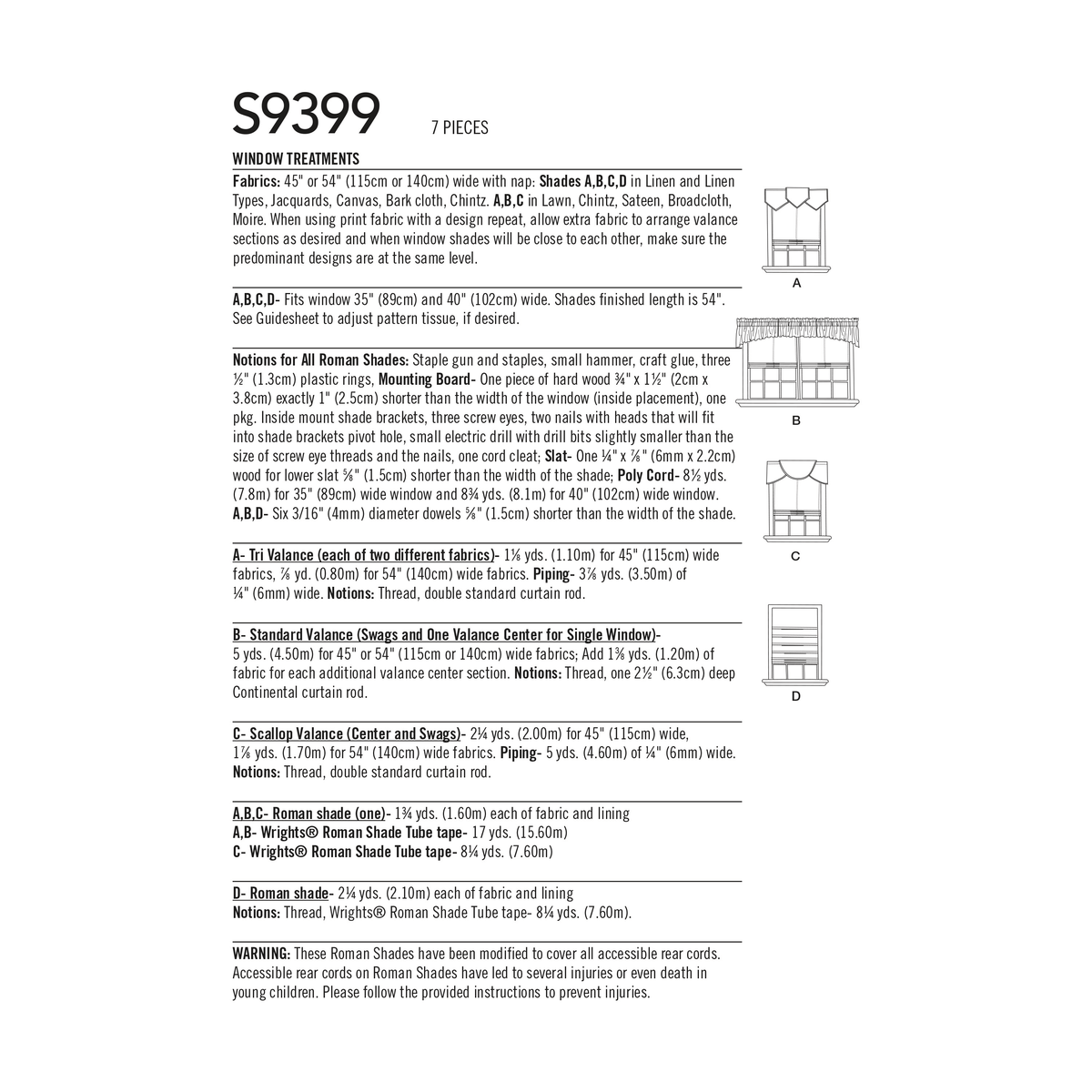Simplicity S9399 sewing pattern envelope showing Roman blinds and valances on windows