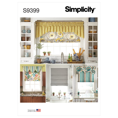 Simplicity S9399 sewing pattern envelope showing Roman blinds and valances on windows