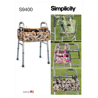 Simplicity S9400 sewing pattern envelope showing bags and organisers fitted to mobility walkers