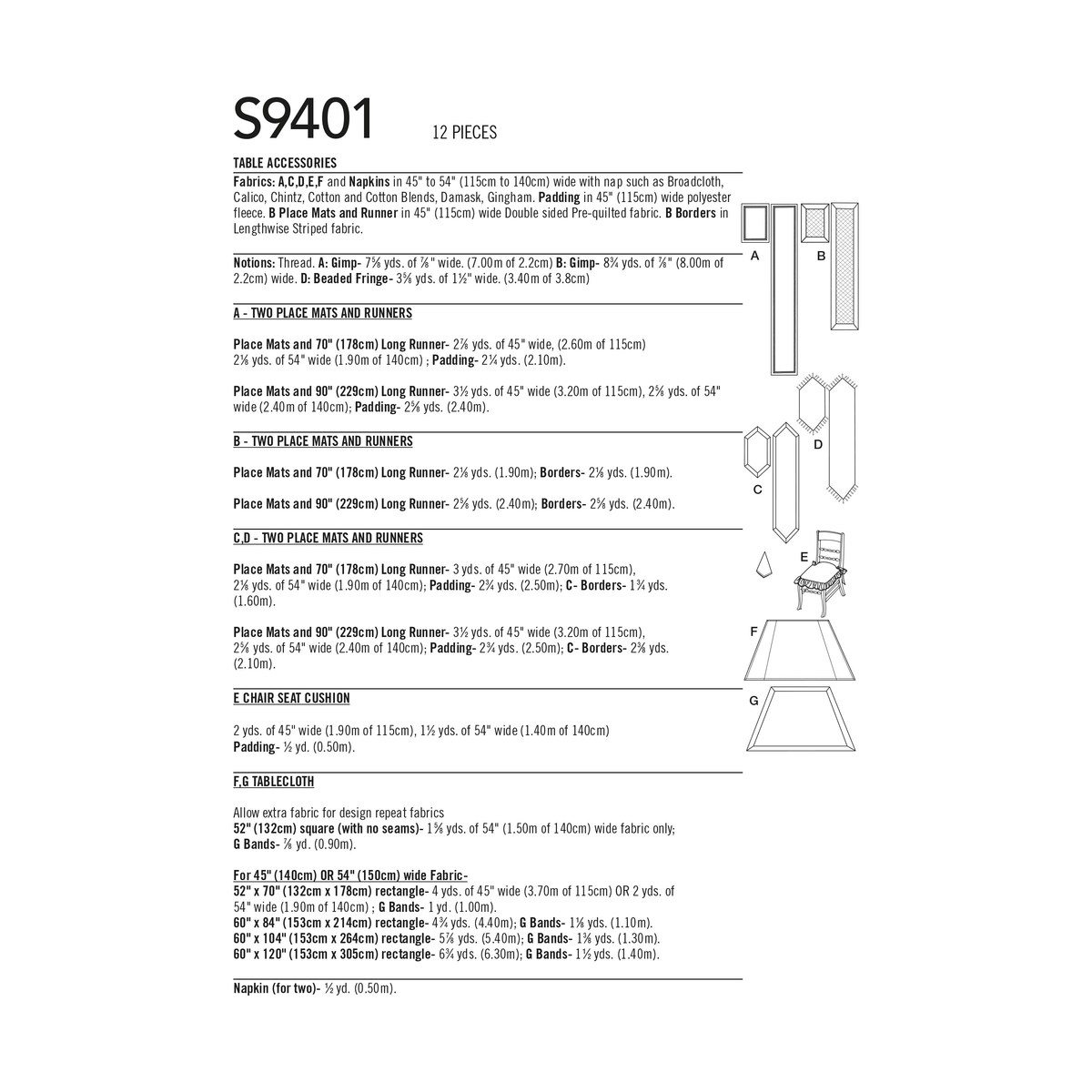 Simplicity S9401 sewing pattern envelope showing tablecloth, napkins, runner and place mats