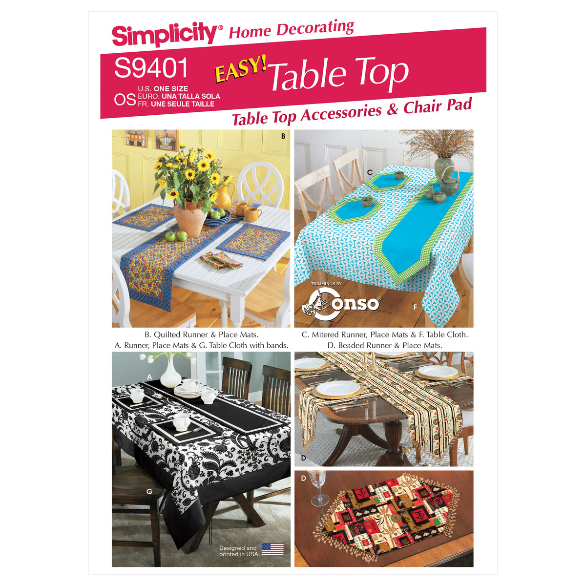 Simplicity S9401 sewing pattern envelope showing tablecloth, napkins, runner and place mats