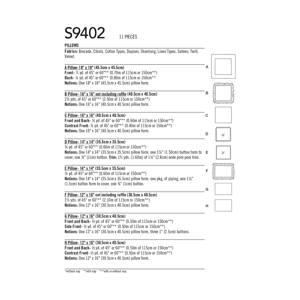 Simplicity S9402 sewing pattern envelope showing cushions in different sizes and trims