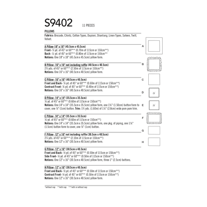Simplicity S9402 sewing pattern envelope showing cushions in different sizes and trims