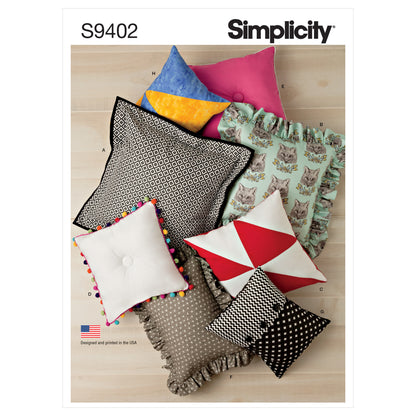 Simplicity S9402 sewing pattern envelope showing cushions in different sizes and trims