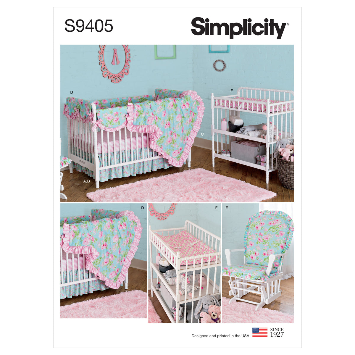 Simplicity S9405 sewing pattern envelope showing nursery accessories