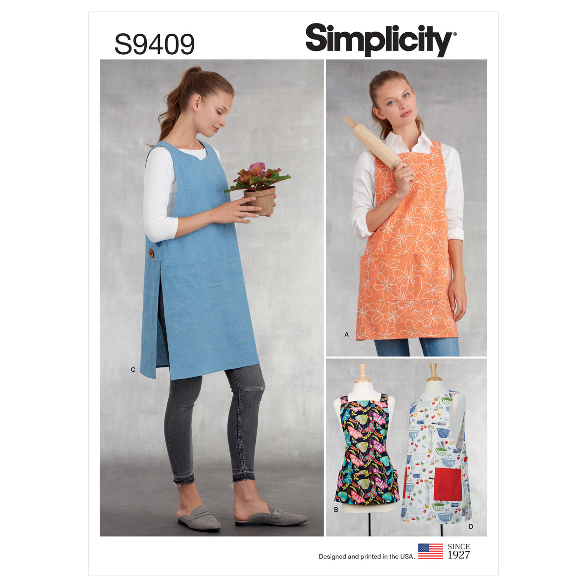 Simplicity S9409 sewing pattern envelope showing aprons