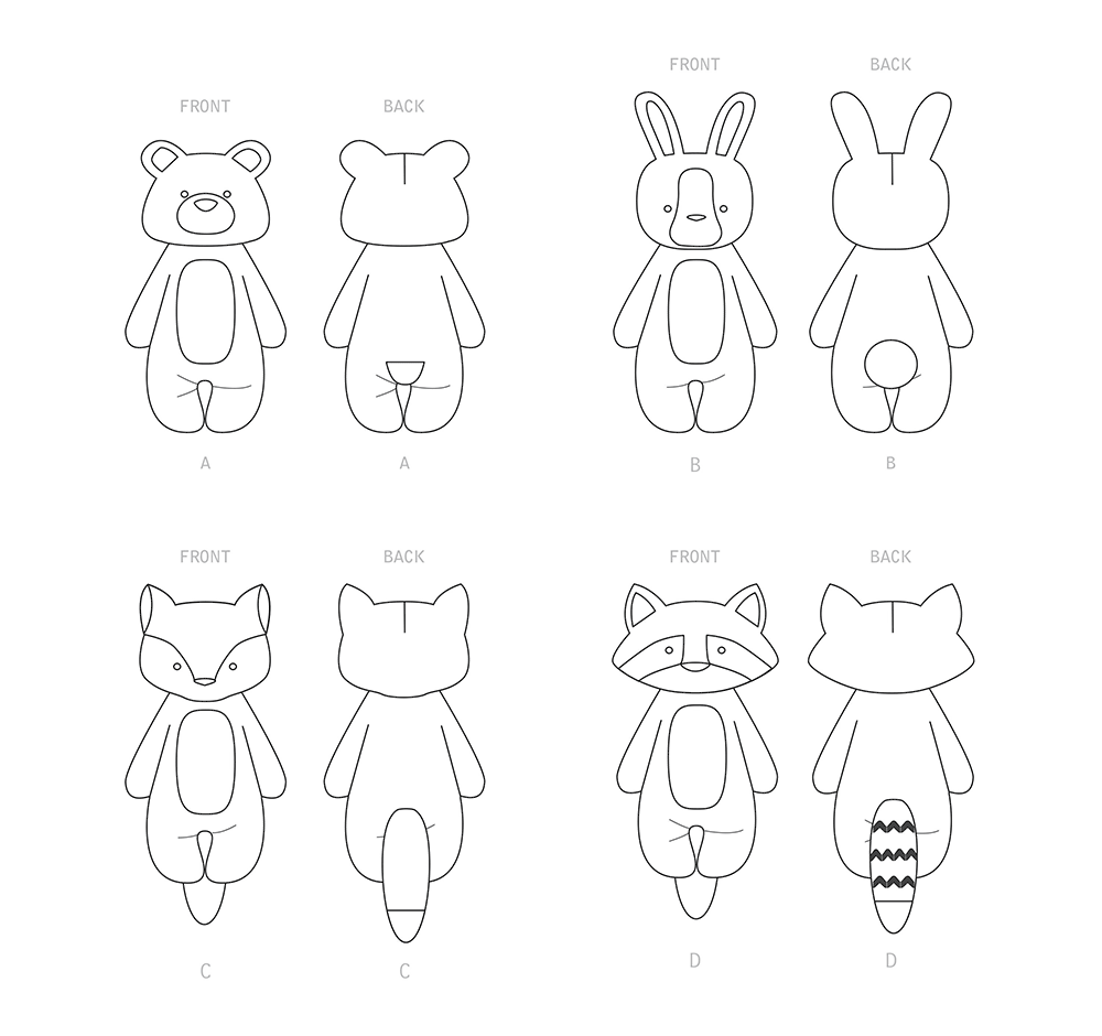 Simplicity S9414 sewing pattern envelope showing stuffed toy animals