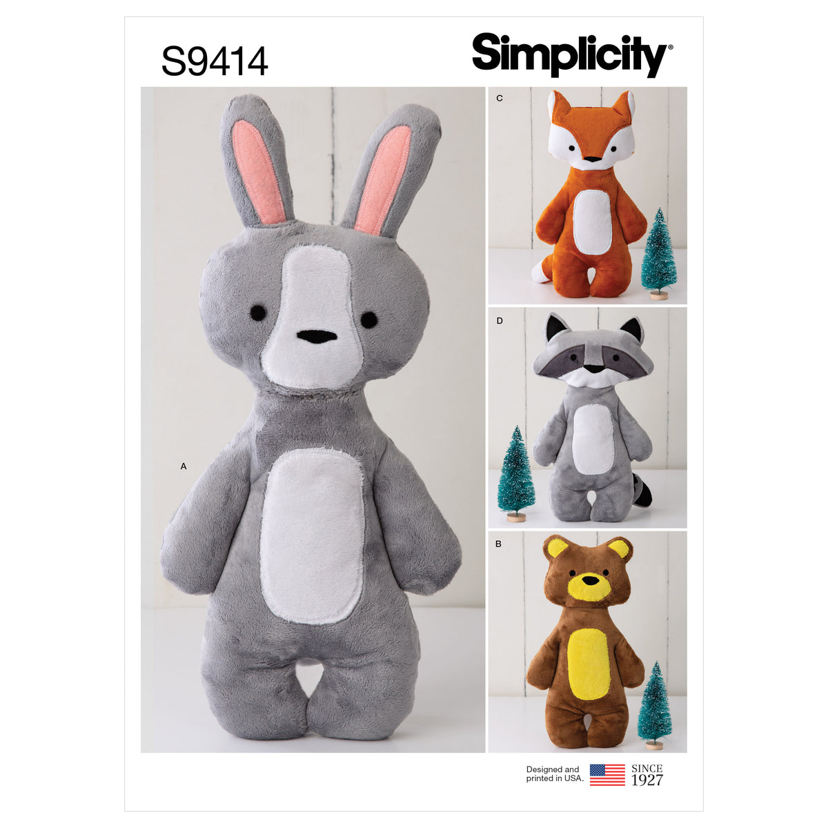 Simplicity S9414 sewing pattern envelope showing stuffed toy animals