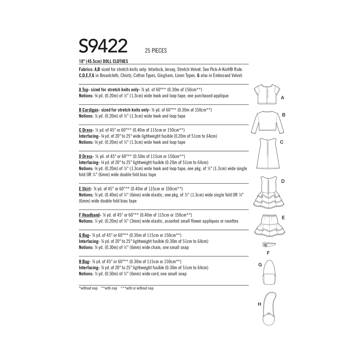 Simplicity S9422 sewing pattern envelope showing doll clothes