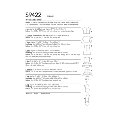Simplicity S9422 sewing pattern envelope showing doll clothes