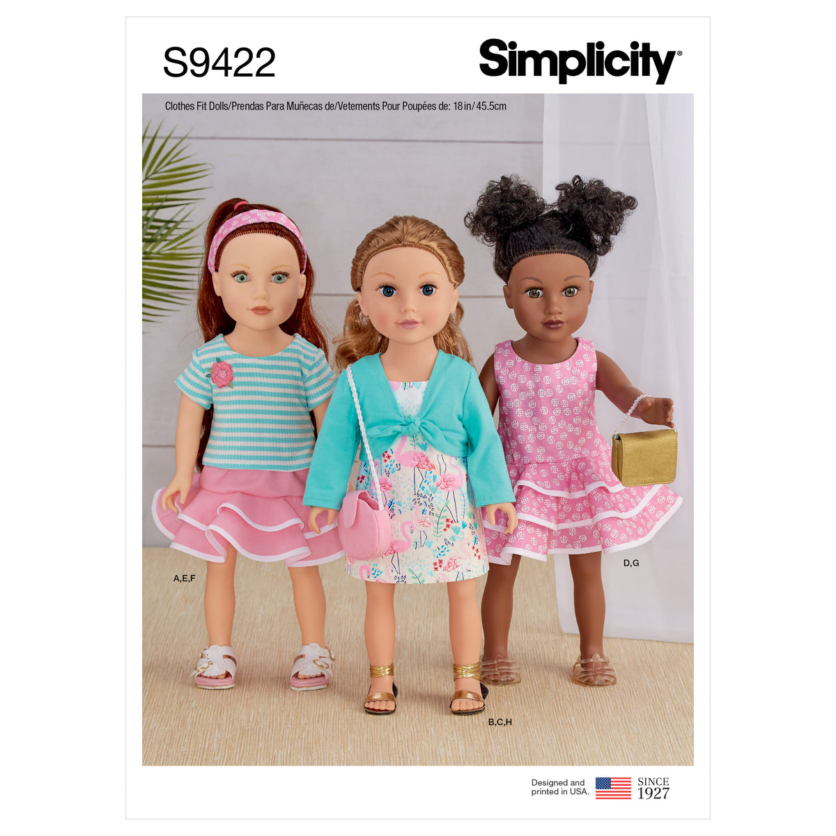 Simplicity S9422 sewing pattern envelope showing doll clothes
