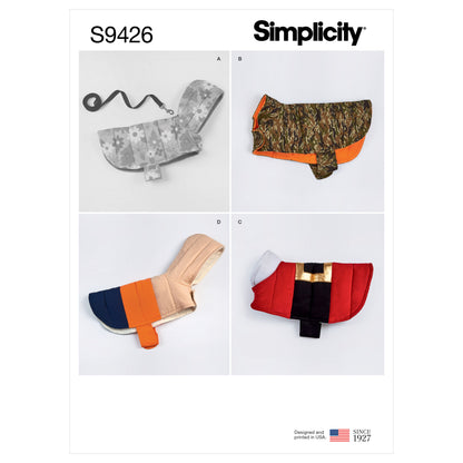 Simplicity S9426 sewing pattern envelope showing quilted dog coats