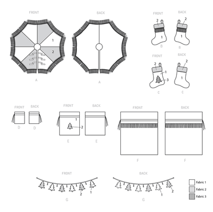Simplicity S9428 sewing pattern envelope showing Christmas stockings, gift sacks and tree mat