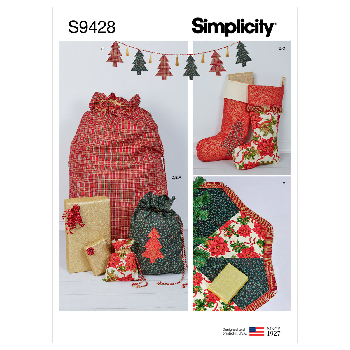 Simplicity S9428 sewing pattern envelope showing Christmas stockings, gift sacks and tree mat