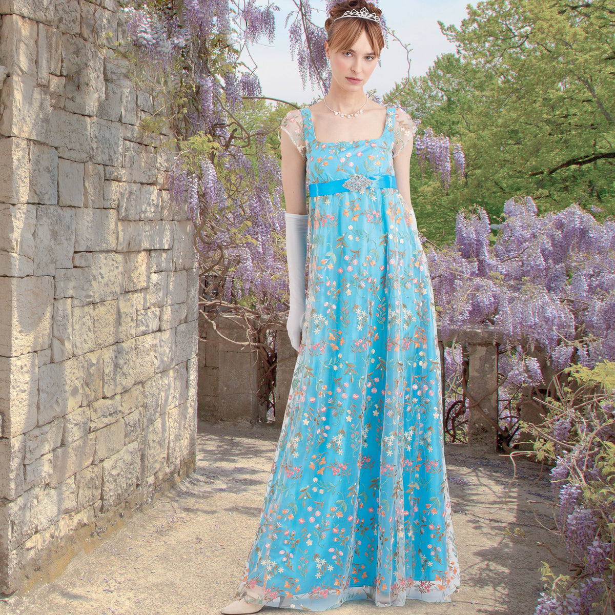 Simplicity S9434 sewing pattern envelope showing Regency style empire waist gowns