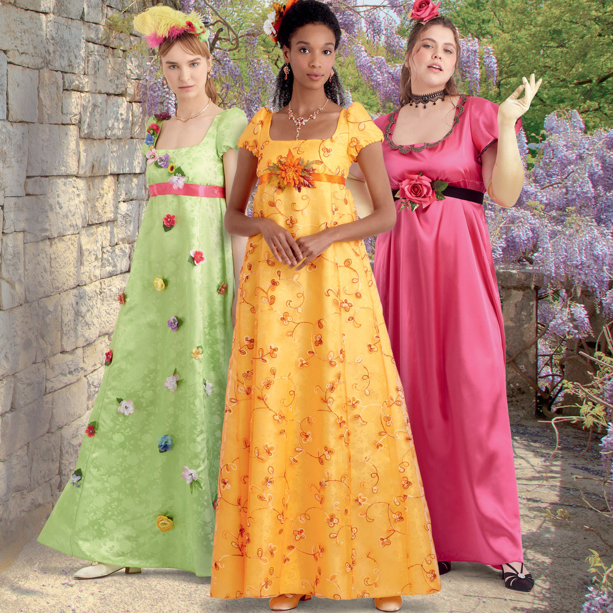 Simplicity S9434 sewing pattern envelope showing Regency style empire waist gowns
